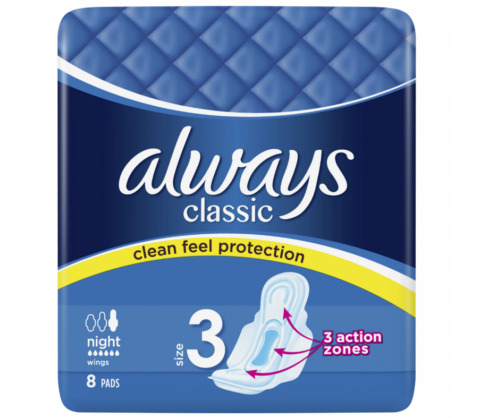 Always Classic nočné hygienické vložky s krídelkami 8ks