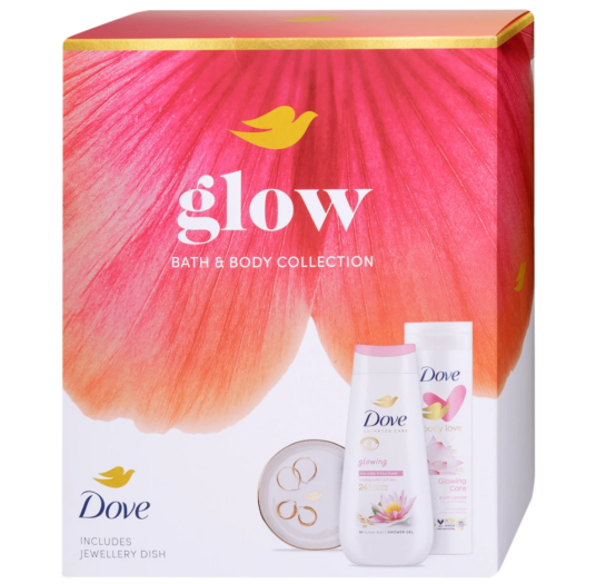 Darčekový set Dove Glow telové mlieko 250ml+sprchový gél 225ml+šperkovnica
